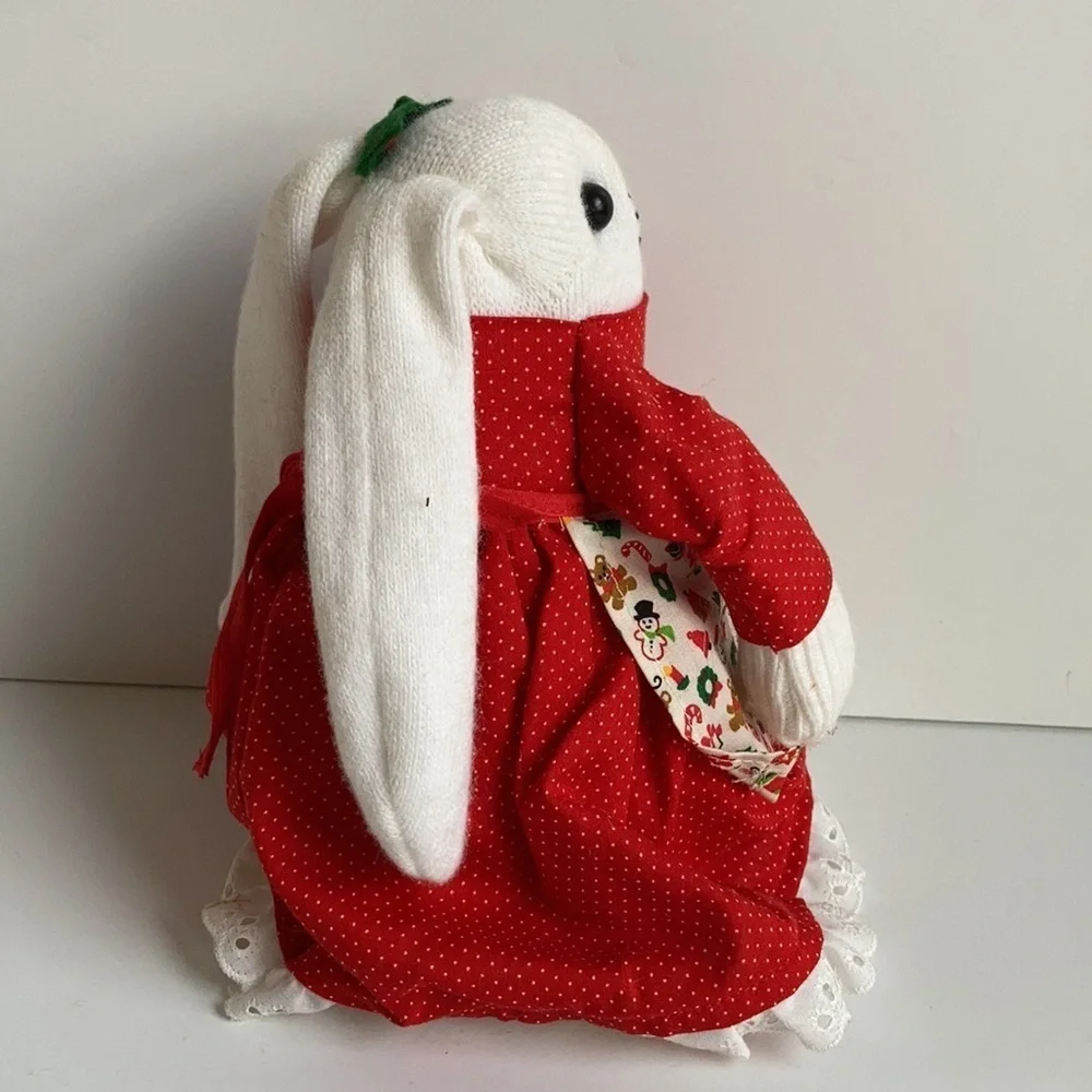 Vintage 80s Christmas sock bunny and baby red dress and Christmas print apron